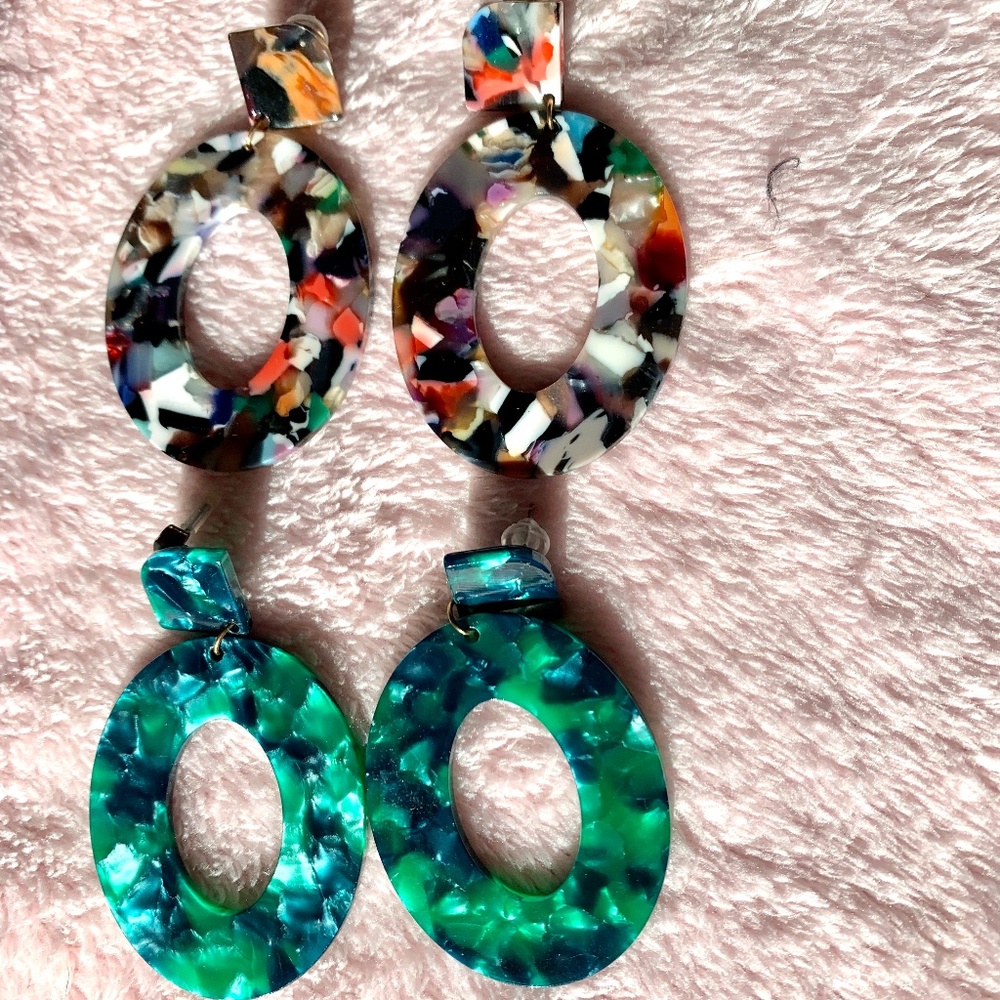 2 Pair Acrylic Earrings, Multicolor and Green